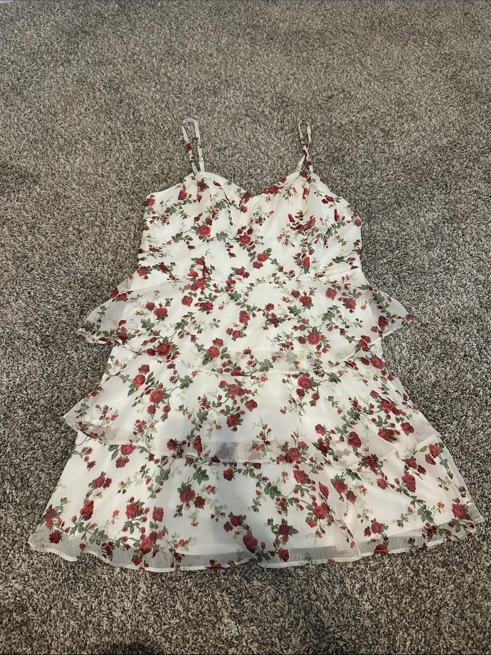 White Floral Tiered Mini Dress with Red Rose Print